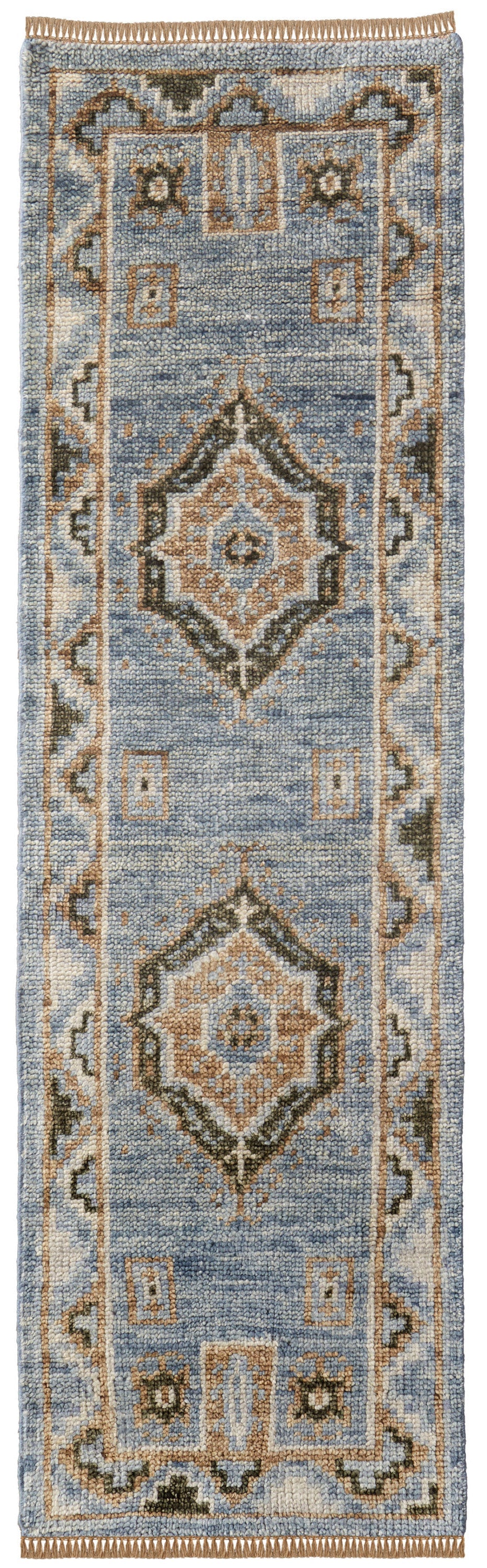 8' Ivory Tan And Blue Wool Oriental Hand Knotted Round Rug With Fringe